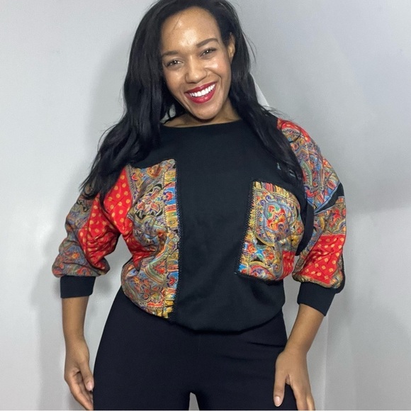 Vintage crewneck patchwork quilted sweatshirt bandana Paisley Statement Top - Picture 8 of 8